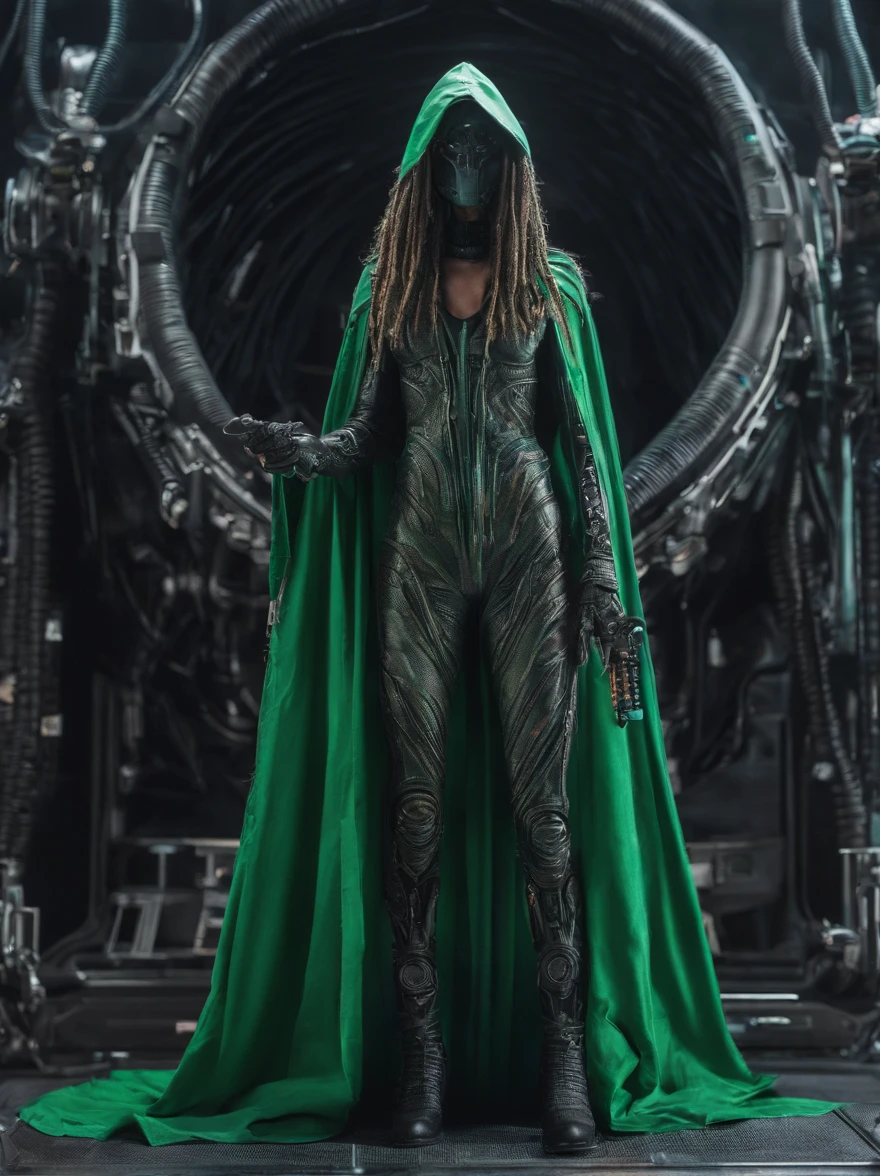 Frau, alter 30, athletic physique, mechanische Arme, Laserschwert in der rechten Hand, Long green dreadlocks, dark hooded cloak over the back
