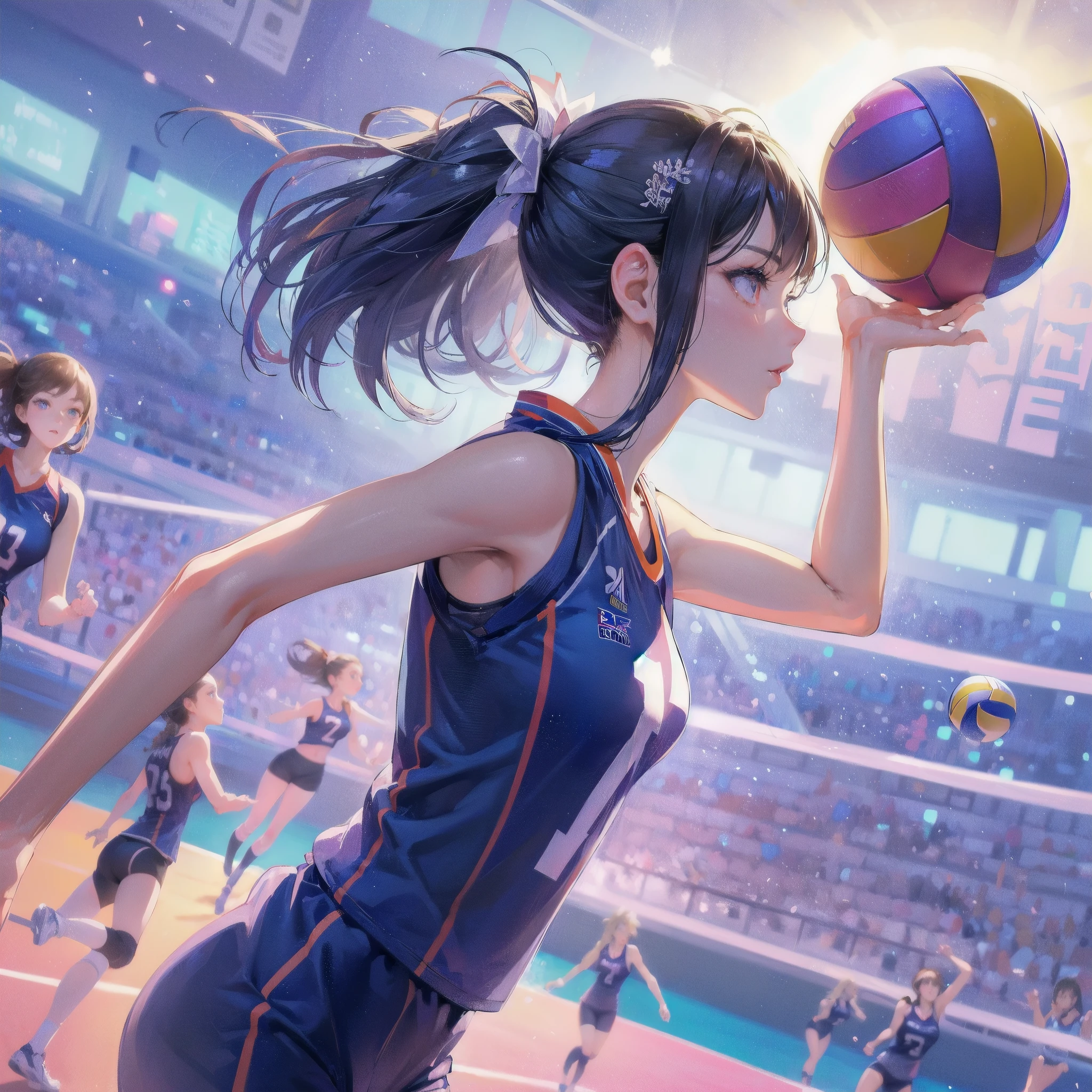 high quality,HD,16k,sharp lines,1 girl,Female volleyball athlete ,cute face, large breasts, nice legs,At the volleyball venue,focus girl,detailed beautiful face,detailed clothes,beautiful eyes,cool,dynamic angle