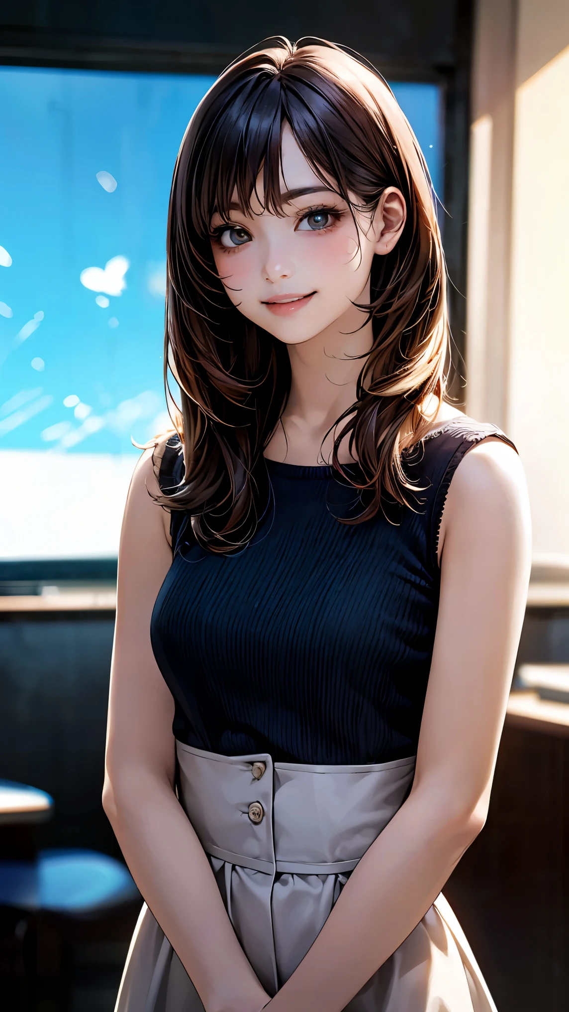 (masterpiece:1.2, highest quality), (Realistic, photoRealistic:1.4), Beautiful illustrations, (Natural Side Lighting, Cinema Lighting),Say OK to the audience, Upper Body, (Front view), 1 girl, Perfect Face, Symmetrical cute face, Shiny skin, , Long eyelashes, (Medium chest), (Wide Hips),Beautiful Hair, Beautiful Face, Beautiful and beautiful eyes, Beautiful body, Beautiful breasts, Beautiful thighs, Beautiful feet, Beautiful fingers,(Beautiful views),(Cute Smile:1.2, Excellent)