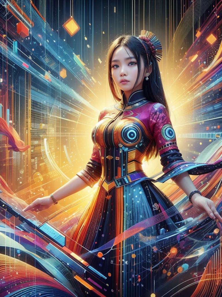 An Indonesian-styled futuristic suit worn by a girl depicting cultural fusion and modern fashion. The suit is adorned with intricate patterns and vibrant colors, showcasing the rich heritage of Indonesia. The girl stands confidently in a dynamic pose, with her detailed eyes reflecting determination and curiosity. The suit's material is a combination of traditional textiles and futuristic synthetic fabrics, giving it a unique and avant-garde appearance. The overall image quality is of the highest standard, with sharp focus and ultra-detailed rendering. The artwork employs physically-based rendering techniques, resulting in realistic lighting and shadows. The colors are vivid and vibrant, capturing the essence of Indonesian cultural aesthetics. The background features a fusion of modern architecture and traditional elements, creating a harmonious blend of the past and the future. The prompt explores the intersection of Indonesian culture, futuristic design, and the artistic representation of a confident girl.