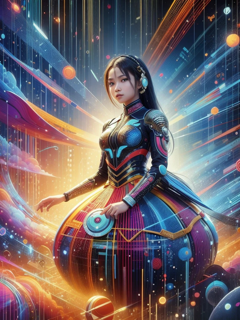 An Indonesian-styled futuristic suit worn by a girl depicting cultural fusion and modern fashion. The suit is adorned with intricate patterns and vibrant colors, showcasing the rich heritage of Indonesia. The girl stands confidently in a dynamic pose, with her detailed eyes reflecting determination and curiosity. The suit's material is a combination of traditional textiles and futuristic synthetic fabrics, giving it a unique and avant-garde appearance. The overall image quality is of the highest standard, with sharp focus and ultra-detailed rendering. The artwork employs physically-based rendering techniques, resulting in realistic lighting and shadows. The colors are vivid and vibrant, capturing the essence of Indonesian cultural aesthetics. The background features a fusion of modern architecture and traditional elements, creating a harmonious blend of the past and the future. The prompt explores the intersection of Indonesian culture, futuristic design, and the artistic representation of a confident girl.