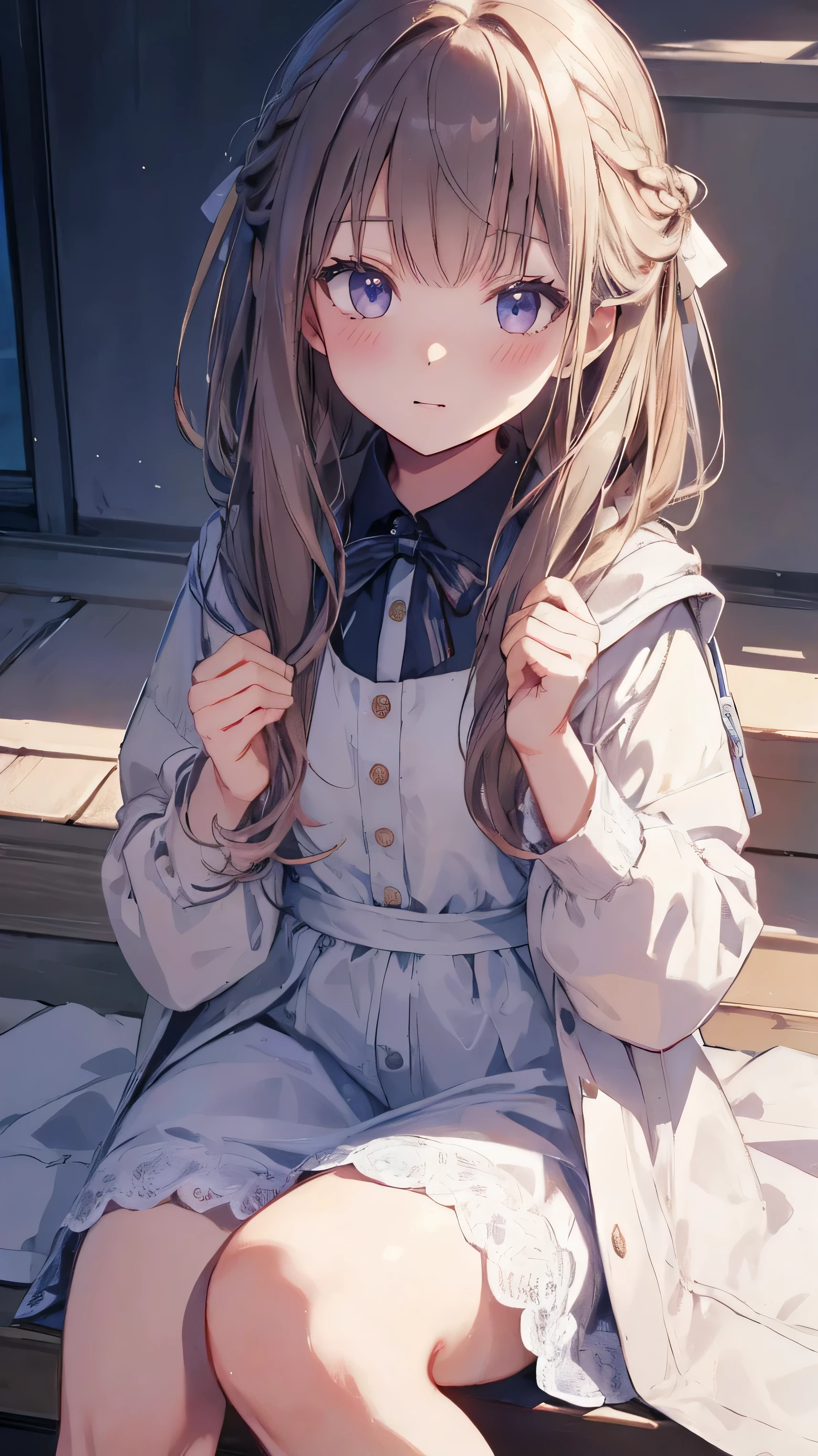 Masterpiece、Highest quality、highest quality、(((Lori)))、 ((Petite))、Shiny hair quality、Small face、Sitting、Super detailed, beautiful, wide eyes、Ultra-detailed, clear and beautiful faces、(cute illustration:1.2), High-resolution, ultra-detailed, best quality, embarrassed