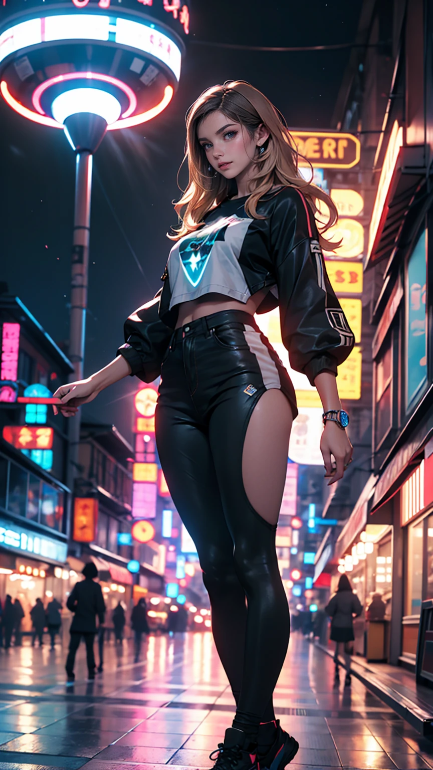 Woman with long pink hair, night, neon, Flying Saucer, abduction, Galaxy Background, neon lights, Black clothes with LED, 4K  