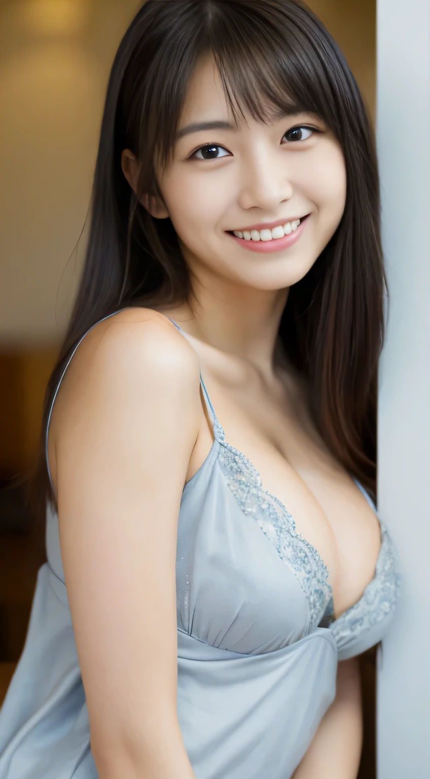masterpiece,best quality,(Japanese ),((Beautiful girl)),cleavage,indoor,(perfect body beauty:1.2),(shy smile),beautiful teeth,