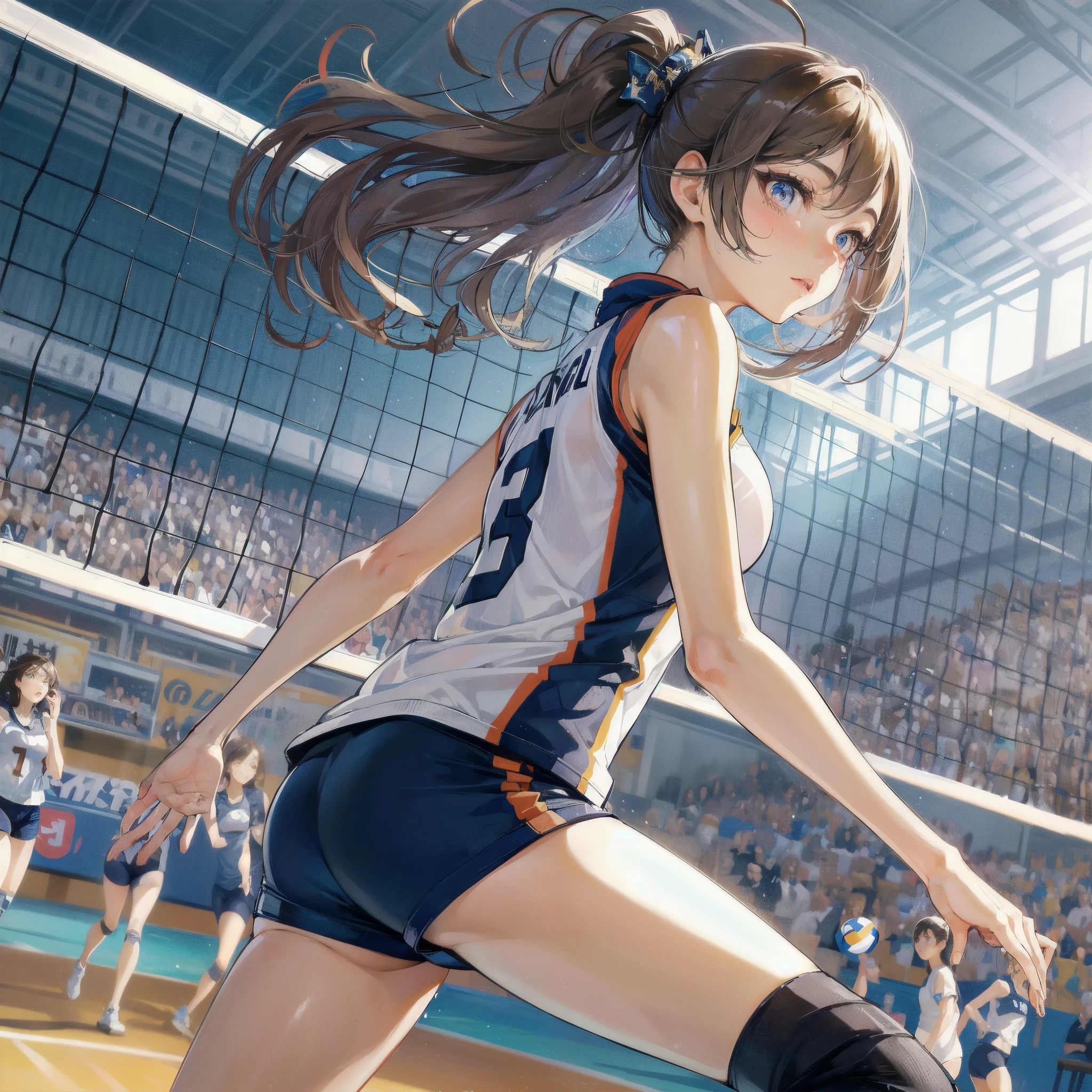 high quality,HD,16k,sharp lines,1 girl,Female volleyball athlete ,cute face, large breasts, nice legs,At the volleyball venue,focus girl,detailed beautiful face,detailed clothes,beautiful eyes,cool,dynamic angle