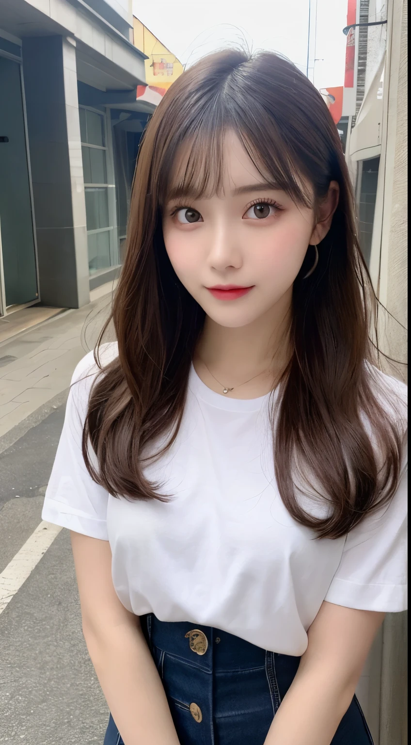 Tabletop, highest quality, shape, Very detailed, finely, High resolution, 8k wallpaper, 完璧なダイナミックな構shape, Beautiful and detailed, Nice spring clothes,Beautiful straight hair,Small breasts,Natural color lip, 20-year-old girl、cute、sexy shot looking at camera,Always blur the background,Perfect and beautiful face,Beautiful and dense face、Slim face and figure,Big eyes、Putting on gal makeup,Actual Photos(Best image quality)、Actual Photos、Fashion model posing、Full Body Shot、smile、plus size long sleeveTshirt、mini skirt、ponytail、Actual Photos、Blurred Background