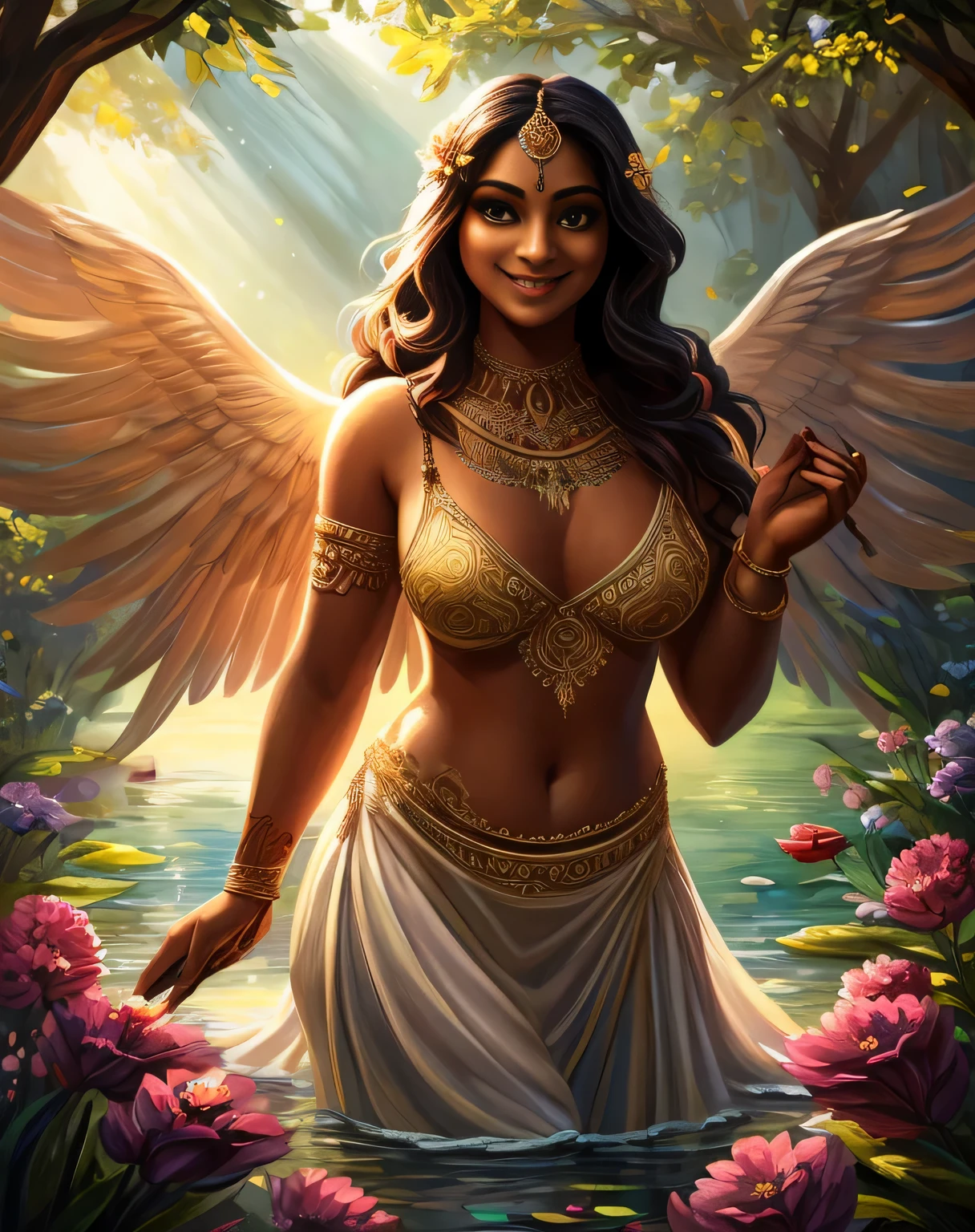 (masterpiece oil painting:1.3) of a (solo:1.3) ravishing sexy curvy chubby tall supermodel M S Dhoni as elegant bride, posing in a lake in the forest, wearing ethereal bikini, Big breast almost D Plus navel, with embroidered angel wings, lavish flower decorations, intricate henna tattoos,, (ravishing long wavy backlit hair), (enchanting daylight:1.2), (intricate kohl lined eyes:1.3), (adorable smile:1.3) soft dramatic lighting, flower everywhere, backlit, light rays, highly detailed, trending on artstation, paint splashes, rich colour, fantasy portrait, by atey ghailan & Annie Leibovitz, no extra hand or leg or finger