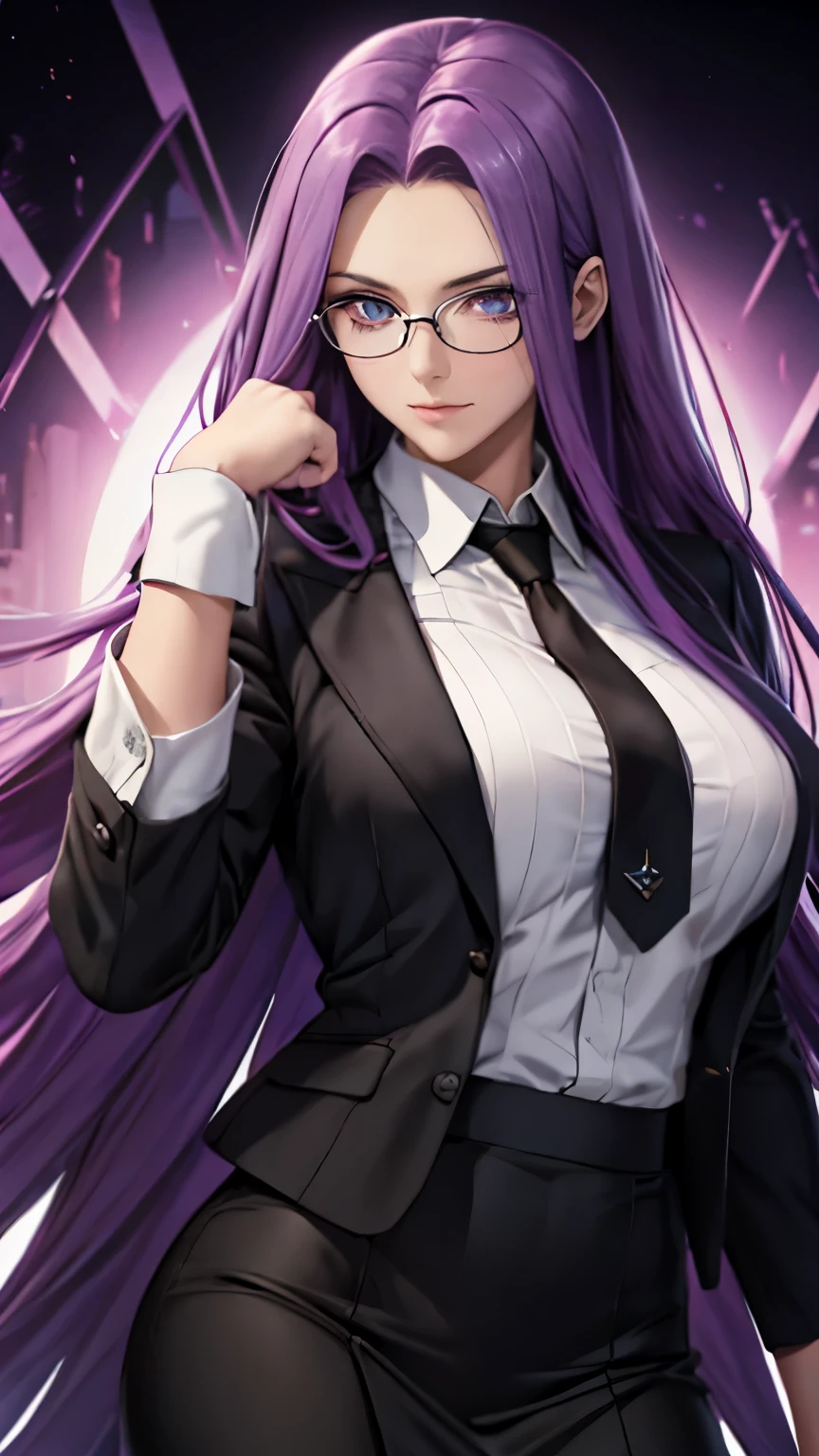 highest quality,masterpiece,High resolution,only,{Black business suit:1.40},{tie:1.20},{White gloves:1.15},{ White shirt:1.10}, {Black Skirt:1.15}, good looking, {Medusa_FGO:1.15}, length_hair, purple_hair, very_length_hair, purple_eye, chest, big_chest