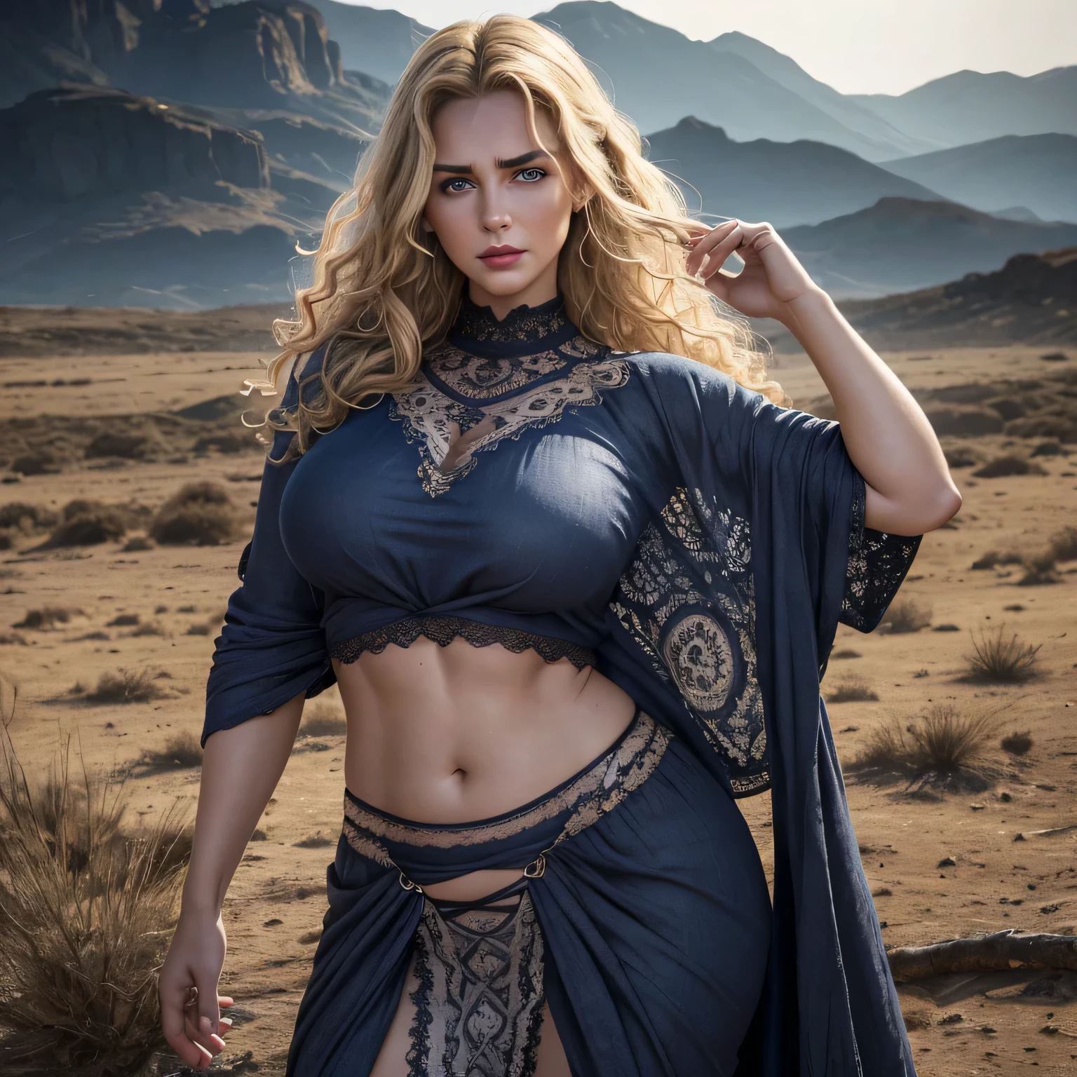 (Best quality), (Masterpiece), (Detailed), (Full length), 50 year old, Queen, Caucasian, curly blonde hair, hair tied into one plait resting over the chest, curls, very beautiful face, big expressive eyes, dark blue pupils, double eyelids, sharp eyebrows, sharp nose, voluptuous lips, red lips, mouth slightly open, face expressing anguish, wrinkles on forehead, dark circles under eyes, extremely dry skin, extremely rough skin, extremely sun burnt skin, covered in ash and dirt, volptouous physique, big belly, chainmail shirt, rag cloth around hips, lace sandals, standing, looking at the viewer, open field, dark overcast sky