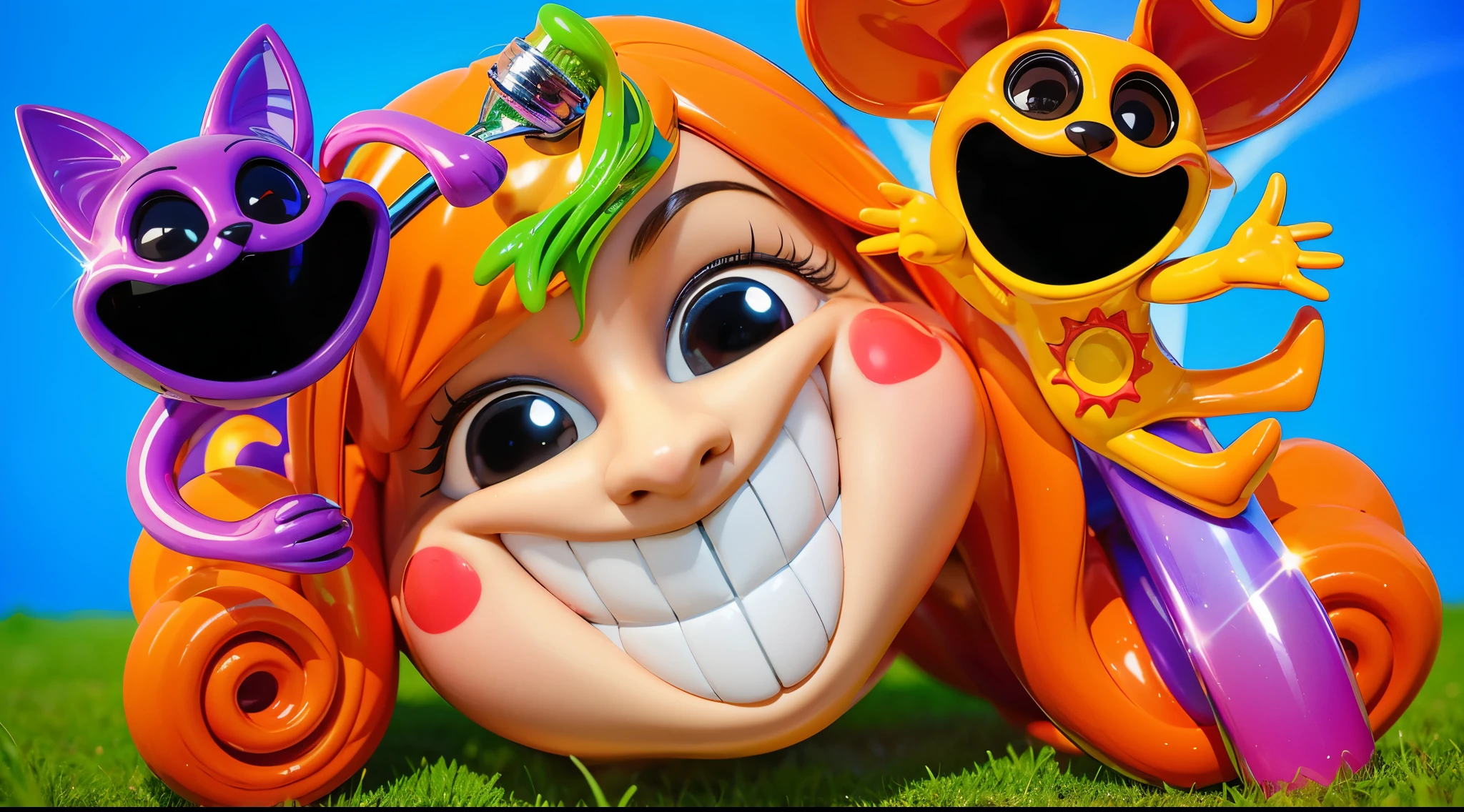 cartoon characters stand next to each other, Electricsbunny, Holographic creatures, Beeple and Jeremiah Ketner, 🐋 as 🐘 as 🤖 as 👽 as 🐳, Rabbids at a metal concert, cute 3D rendering, 3D icon for mobile game, robot rabbit, Shiny metallic, 3D персонажи violet cat toy, toy cat laying on glossy metalic floor, glossy texture, smooth 3d model, multiple light sources, rim light, sharp post effects render, (glossy metallic texture with multiple big light probe refractions), perfect cgi, cgi art created only with gradients, smooth silhouette, high intensity refraction, (super glossy chrome material), most beautiful vfx, blue background, chrome metal refractions