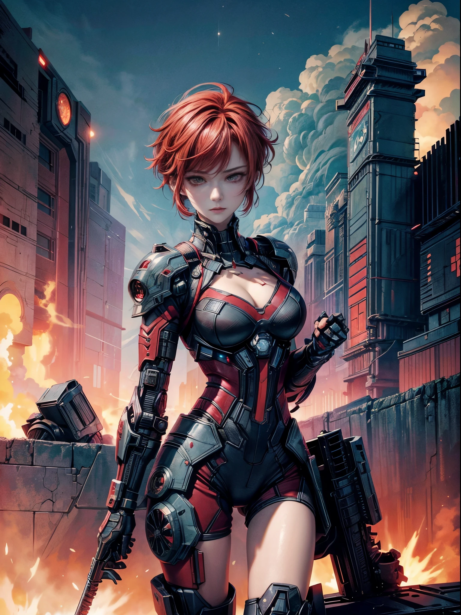 16K quality、Cinema Lighting,Highly detailed skin、Beautiful quality with attention to detail,High Resolution、Perfect Anatomy,(cyber punk、replace、Dim color, Calm tone:1.3)Girl soldier on the battlefield,(Beautiful facial features down to the last detail）、Red Hair、short hair、Cleavage:1.3)Blue Hair、Sexy battle suit、with a gun in hand(Pose with one hand raised:1.2)desert garrison、spark、An explosion occurred from the ground,ghost in the Shell、Explosion in the background