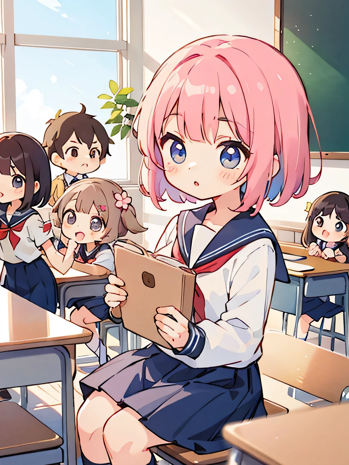 Momoko Sakura style, Kawaii Design, (((many people)))、most beautiful girl ever、Chibi, Colorful bob hair、((Lots of friends))、(((school uniform)))、classroom