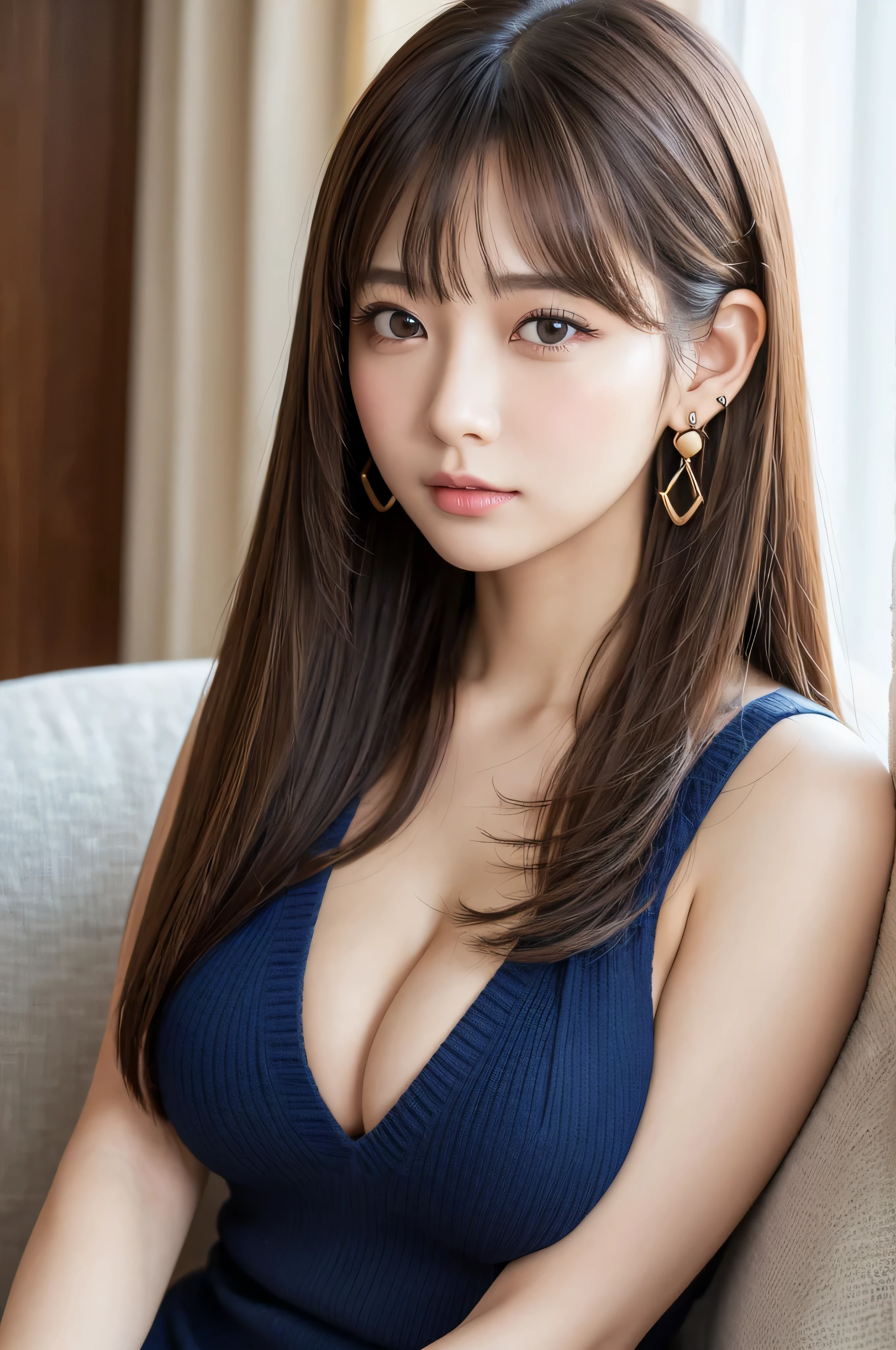 (Only one young girl Very detailed Beautiful face), Great face and great quality:1.4), (Super detailedな), (very detailed CG integrated 8k wallpaper), Very detailed, High resolution raw color photos, Professional photography, Realistic portraits, Great face and eyes, ((Brown eyes)), (((Straight long hair))), model, Depth of written boundary, ,33 years old,,(fashionable earrings)Mastepiece、highest quality、An illustration、Super detailed、details、High resolution、8k wallpaper、Perfect dynamic composition、Beautiful detailed eyes、Natural Lip、navy knit dress、Big Breasts、Cleavage、Cross-legged,A living room decorated in blue