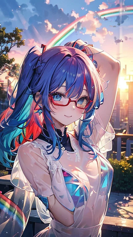 Small face、 (alone:1.5,)Very detailed,Bright colors, Very beautiful detailed anime faces and eyes, Look straight ahead, Shiny_skin,girl, (((Rainbow Hair, Colorful Hair, Half red、half blue hair: 1.2))), 、Shiny hair, Delicate beautiful face, blush、Glasses、(Turquoise Eyes), , Valletta, Earrings,、Flower Garden、Sunset、(((See-through、sexy、Gymnastics)))、(Twin tails)、smile、Happy Face、face dyed red、Cheerful pose、dynamic、