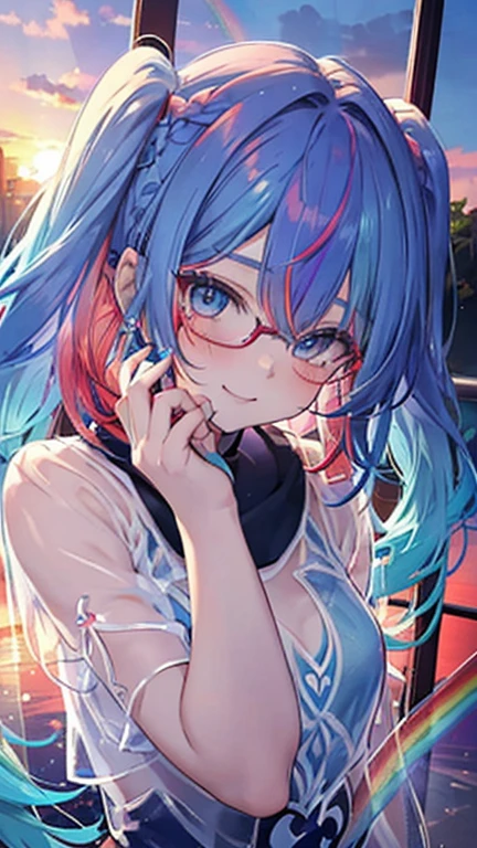 Small face、 (alone:1.5,)Very detailed,Bright colors, Very beautiful detailed anime faces and eyes, Look straight ahead, Shiny_skin,girl, (((Rainbow Hair, Colorful Hair, Half red、half blue hair: 1.2))), 、Shiny hair, Delicate beautiful face, blush、Glasses、(Turquoise Eyes), , Valletta, Earrings,、Flower Garden、Sunset、(((See-through、sexy、Gymnastics)))、（Twin tails）、smile、Happy Face、face dyed red、Cheerful pose、dynamic、