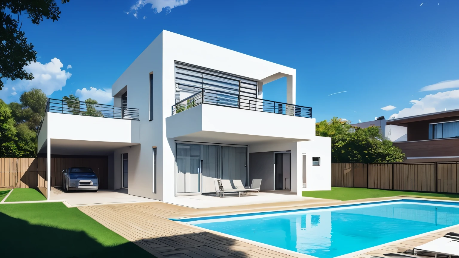 A drawing of a futuristic hi-tech yet simple 3-storey high house protected with maximum security features, but with an open front area with pool and garage and barbecue area in the side for visitors to enjoy in an urban setting.