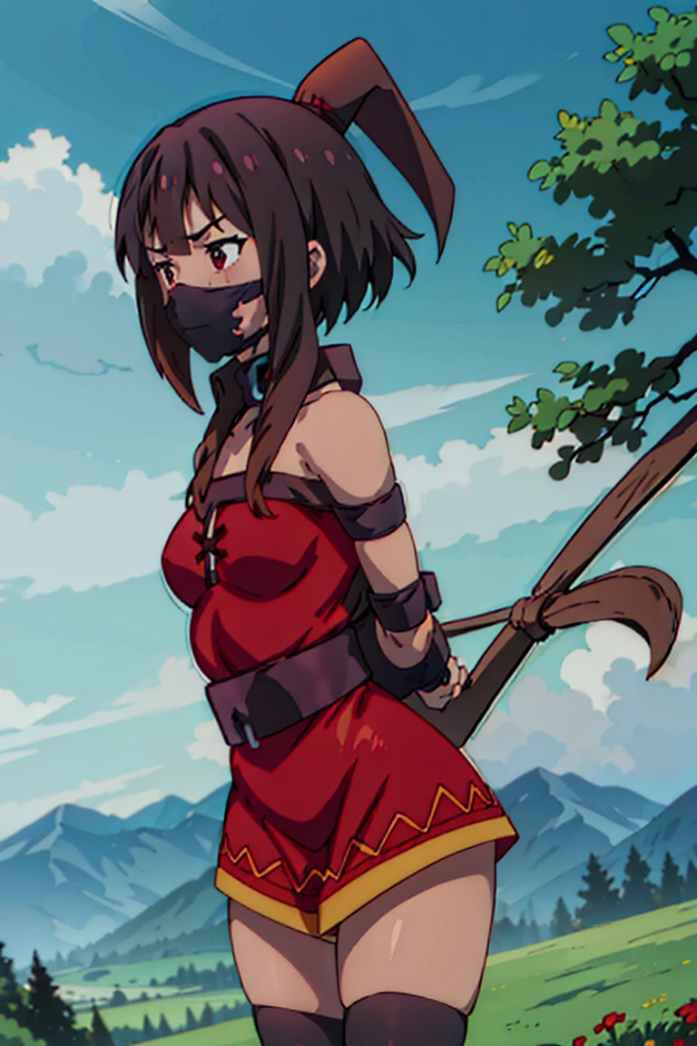 megumin \(konosuba\) enjoying, (complete shot), (shibari, arms behind the back:1.4), (face mask), (tight face mask), standing, stand up, front view, outside, blue sky