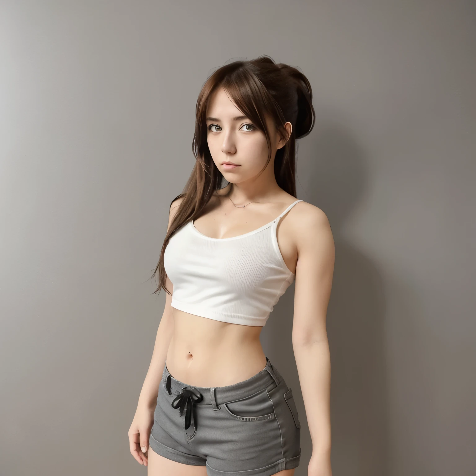 Dibuja en estilo anime a una mujer musculosa con la ropa un poco rota