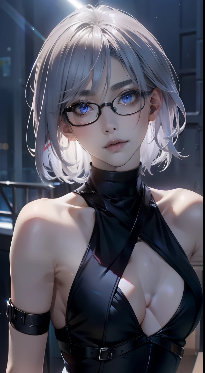 Tabletop, highest quality, night, Outdoor, 1 female, 灰色のblue eyes, Light pink lips, cold, strict, Sky blue, small胸, 頬がthin, Attractive face、 Realistic body pores, (blue eyes: 0.8), Beautiful adult face, 40 Private, Soft Volume Light, (Backlight: 1.3), (Cinematic: 1.3), Intricate details, (Art Station: 1.3), grayish hair、Pixie short、amount、Fake Glasses、short、small、 thin, cumin ,Straight hair, Glasses , Turtleneck dress、skin、Stiletto Sandals、Beautiful legs、garter belt