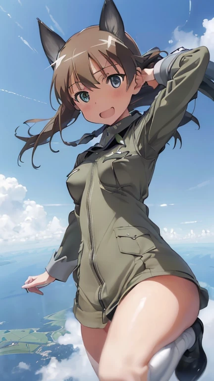 {(ultra realistic photo graphic style:1.4)}, {(1girl free_fall from 10000m above the ground:1.2), (out of focus background:1.4)}, {1girl, 18yo, beasts_ears}, (strike witches:1.4)}, {(cheerful:1.3), (candid shot), (forehead)}, {(inner_thighs showing pose:1.4)}