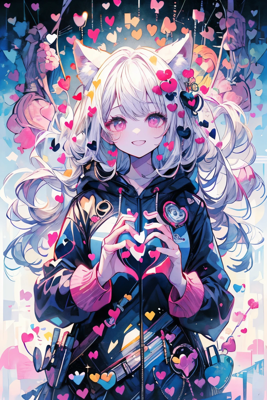 ((((masterpiece, highest quality, Super detailed, very_expensive_solve, big_file size, Full Color)))), One girl, ((The best smile)), （A smile that makes you close your eyes）, Long white hair, Pink Eyes, Wearing a fluffy white hoodie, Heart-shaped pupils, (((From above))), (((Look here))), Lens flare, Bokeh, Shine, ((watercolor)), Animal ears, (((Heart hand with both hands:1.5))), 
