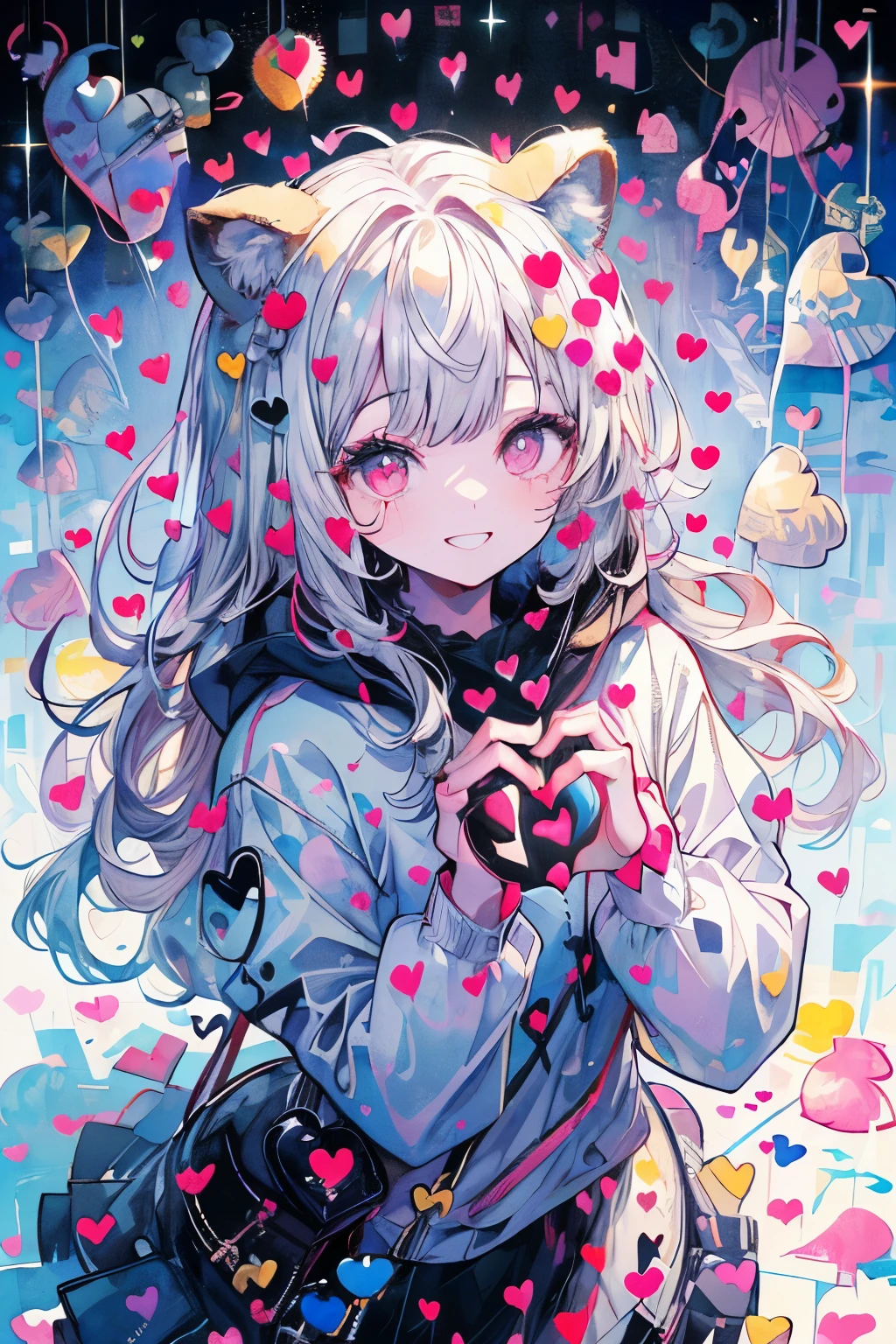 ((((masterpiece, highest quality, Super detailed, very_expensive_solve, big_file size, Full Color)))), One girl, ((The best smile)), (A smile that makes you close your eyes), Long white hair, Pink Eyes, Wearing a fluffy white hoodie, Heart-shaped pupils, (((From above))), (((Look here))), Lens flare, Bokeh, Shine, ((watercolor)), Animal ears, (((Heart hand with both hands:1.5))),