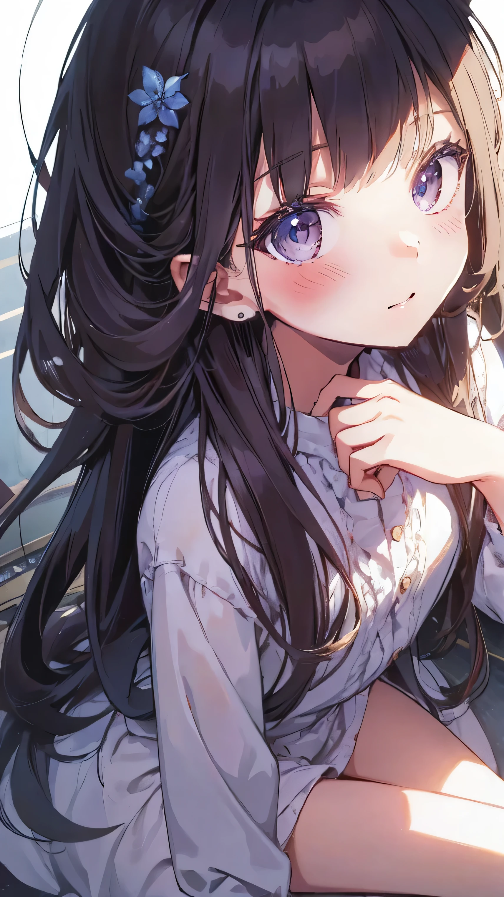 Masterpiece、Highest quality、highest quality、(((Lori)))、 ((Petite))、Shiny hair quality、Small face、Sitting、Super detailed, beautiful, wide eyes、Ultra-detailed, clear and beautiful faces、(cute illustration:1.2), High-resolution, ultra-detailed, best quality, embarrassed