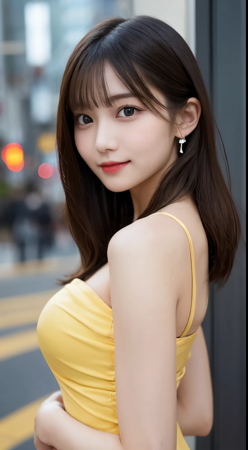 Tabletop, highest quality, shape, Very detailed, finely, High resolution, 8k wallpaper, 完璧なダイナミックな構shape, Beautiful and detailed, Straight hair, Small breasts, Natural color lip, Random sexy poses,smile,20-year-old girl、Midnight、Beautiful and dense face、Perfect and beautiful face,Big eyes、RAW Photos、Beautiful and detailed、Small face、Beautiful Duplex、Slim face and figure,Beautiful golden ratio face、Tight Dress、Please make a cute face、Harajuku、Blurred Background
