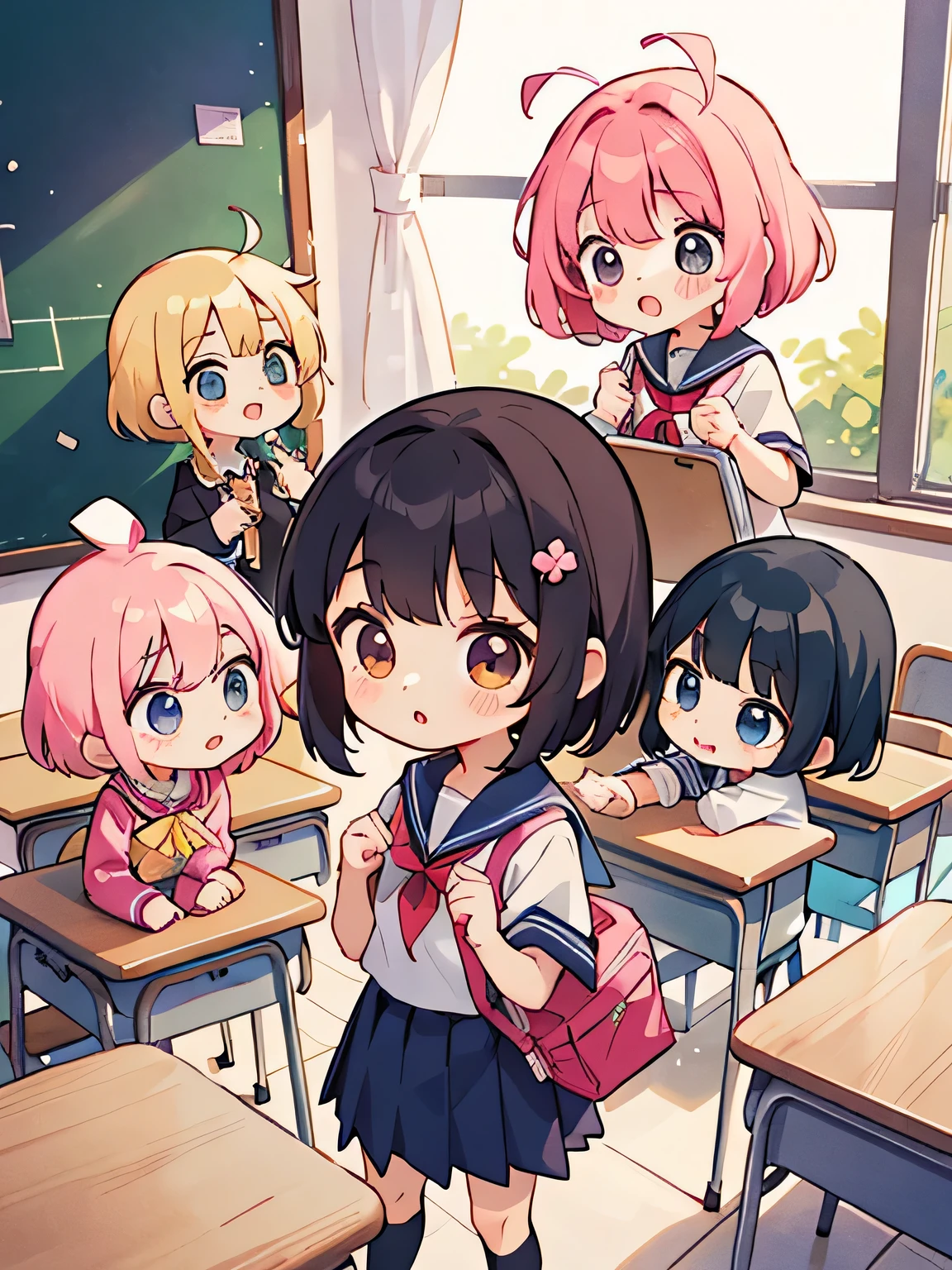 Momoko Sakura style, Kawaii Design, (((many people)))、most beautiful girl ever、Chibi, Colorful bob hair、((Lots of friends))、(((school uniform)))、classroom、I can see your pants