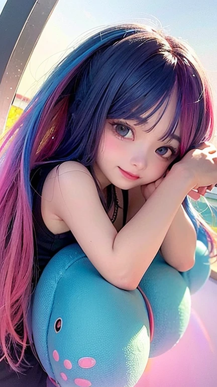 Small face、 (alone:1.5,)Very detailed,Bright colors, Very beautiful detailed anime faces and eyes, Look straight ahead, Shiny_skin,girl, (((Rainbow Hair, Colorful Hair, Half red、half blue hair: 1.2))), 、Shiny hair, Delicate beautiful face, blush、Glasses、(Turquoise Eyes), , Valletta, Earrings,、Flower Garden、Sunset、(((See-through、sexy、Gymnastics)))、(Twin tails)、smile、Happy Face、face dyed red、Cheerful pose、dynamic、