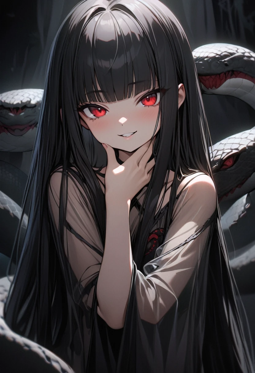 masterpiece, best quality, ultra-detailed, 1girl, 13 years old, medusa, her hair is snakes, black hair, very long hair, straight hair, blunt bangs, red eyes, see through dress, black clothes, bad smile, parted lips, cute pose, palm touching face, upper body, dark atmosphere, sfw