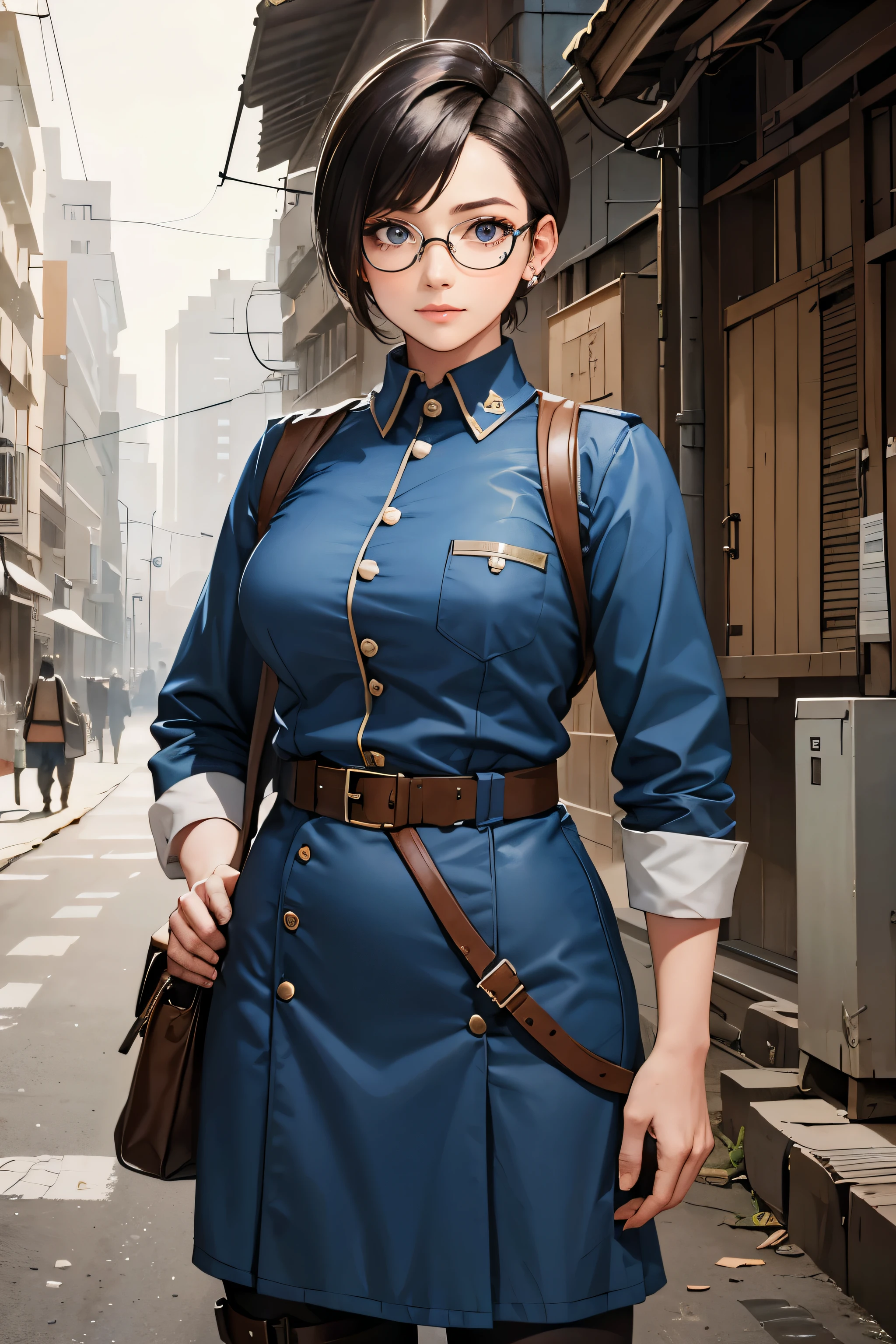 a pretty girl messenger, wearing large glasses, undercut hair, wearing postal uniform, in a post-apocalyptic world