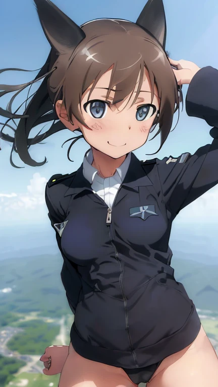{(ultra realistic photo graphic style:1.4)}, {(1girl free_fall from 10000m above the ground:1.2), (out of focus background:1.4)}, {1girl, 18yo, beasts_ears}, (strike witches:1.4)}, {(cheerful:1.3), (candid shot), (forehead)}, {(inner_thighs showing pose:1.6)}