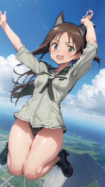 {(ultra realistic photo graphic style:1.4)}, {(1girl free_fall from 10000m above the ground:1.2), (out of focus background:1.4)}, {1girl, 18yo, beasts_ears}, (strike witches:1.4)}, {(cheerful:1.3), (candid shot), (forehead)}, {(inner_thighs showing pose:1.6)}