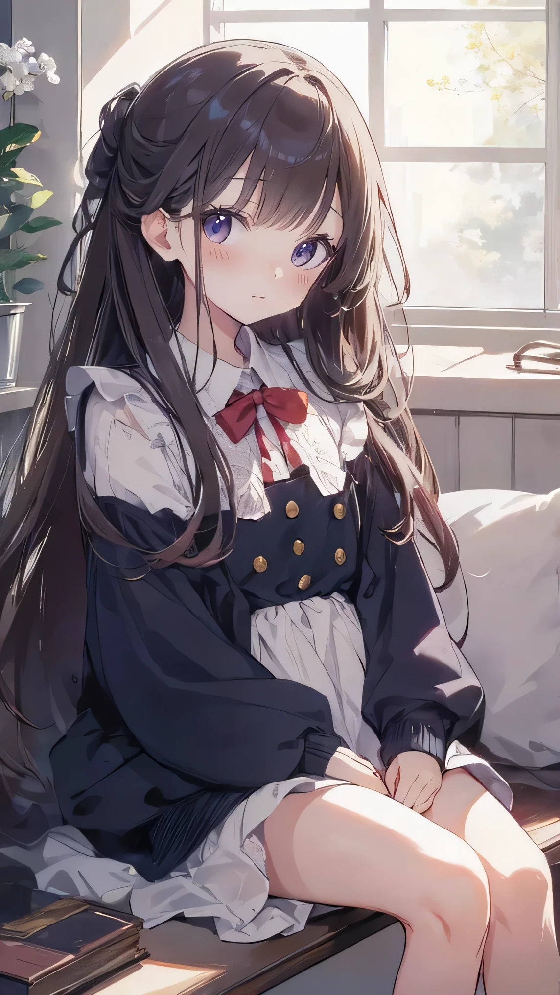 master piece、Highest image quality、highest quality、 ((panic))、glossy hair quality、small face、sitting、Super detailed and beautiful bright eyes、Super detailed clear and beautiful face、(cute illustration:1.2), High-resolution, ultra-detailed, best quality, embarrassed、(Gaps in shorts)