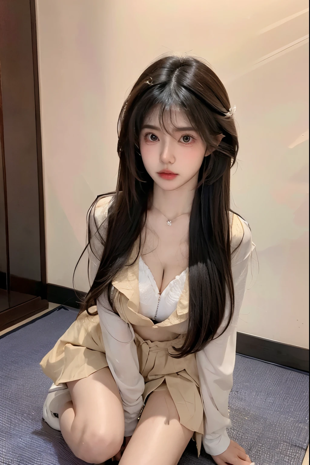 Beautiful woman with perfect body：1.4，Layered Hairstyle，Prominent cleavage，Highly detailed face and skin textures，Double eyelids，Skin Whitening，Long hair，Whitened long legs，japanese girl school uniform