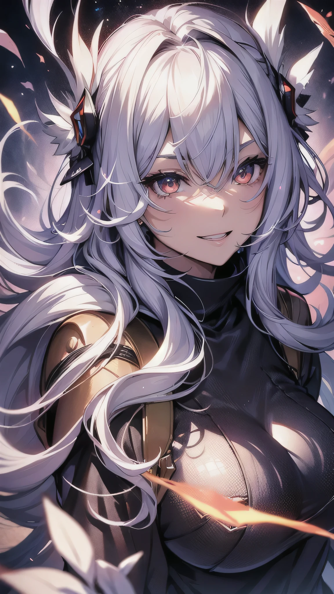 最high quality、Best image quality、masterpiece、girl((18-year-old、 By becoming、Best Bust、Medium Bust,Wide open breast tea、Red glowing eyes,Silver Hair、Disheveled Hair、Long Hair、thin,The highest valley、Beautiful valley、White wristband、smile、hair ornamentany accessories、Black clothes、red body line、Angle from directly above、Disheveled clothing、Show the whole body,Floating State、Excited face,No sleeve)),high quality、Beautiful art、background((universe))、Flight、Flying debris、Written boundary depth、movie、Visual Arts、Perfect art、8K,Genuine、depth((sun))