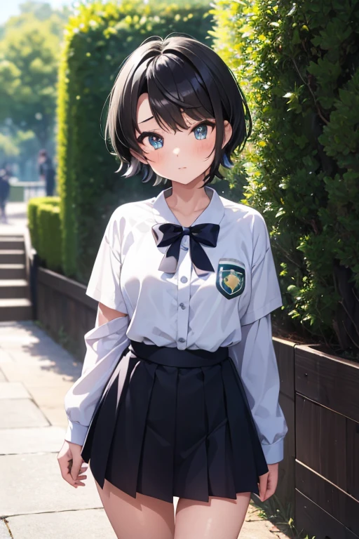 masterpiece, best quality, 4K, a girl, oozora subaru, shy, short hair, black hair, gradient eyes, with sparkling eyes, shiny skin, mini skirt, standing, full body shot, in the park, in the afternoon, dappled sunlight, 