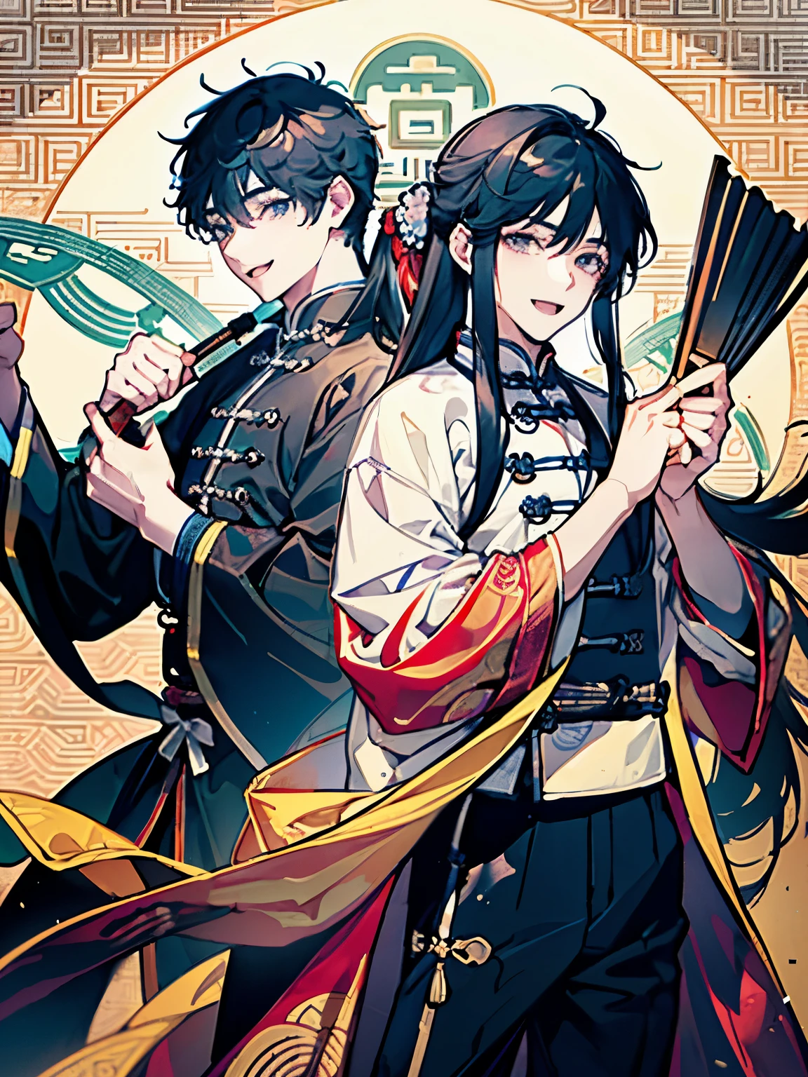 ((Two boys around 16 years old)),(Ancient Chinese priest-like costume),((Chinese martial arts fighting pose)),((long hair:1.35)),Hair tied to one side,smile,A fantastic atmosphere,(panda pattern background),((Overall a colorful and lively atmosphere))