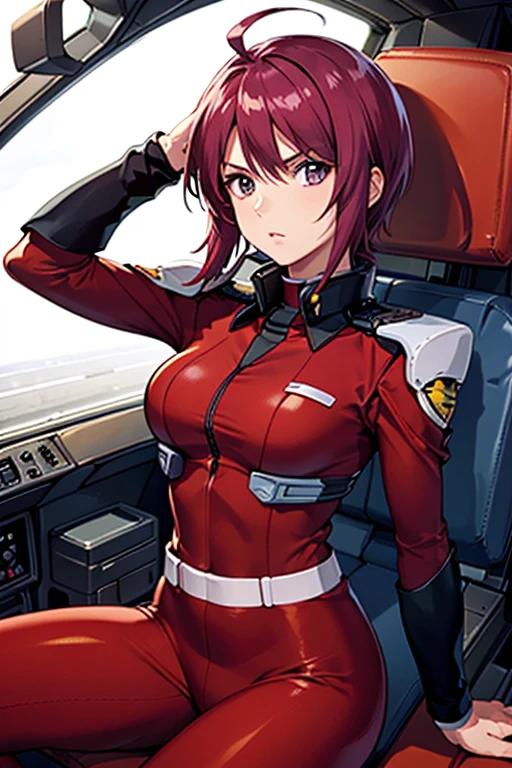 (8K、top-quality、​masterpiece:1.2)、(realisitic、ultra-detailliert、超A high resolution,beautifull detailed face,perfect body,perfect lighting,constriction,beautiful detailed skin,skin texture,(1girl), military uniform, bodysuits,short hair, ahoge,red hair, purple eyes, purple hair, long sleeves, (sitting in the cockpit,mobile suits),serious:1.0
