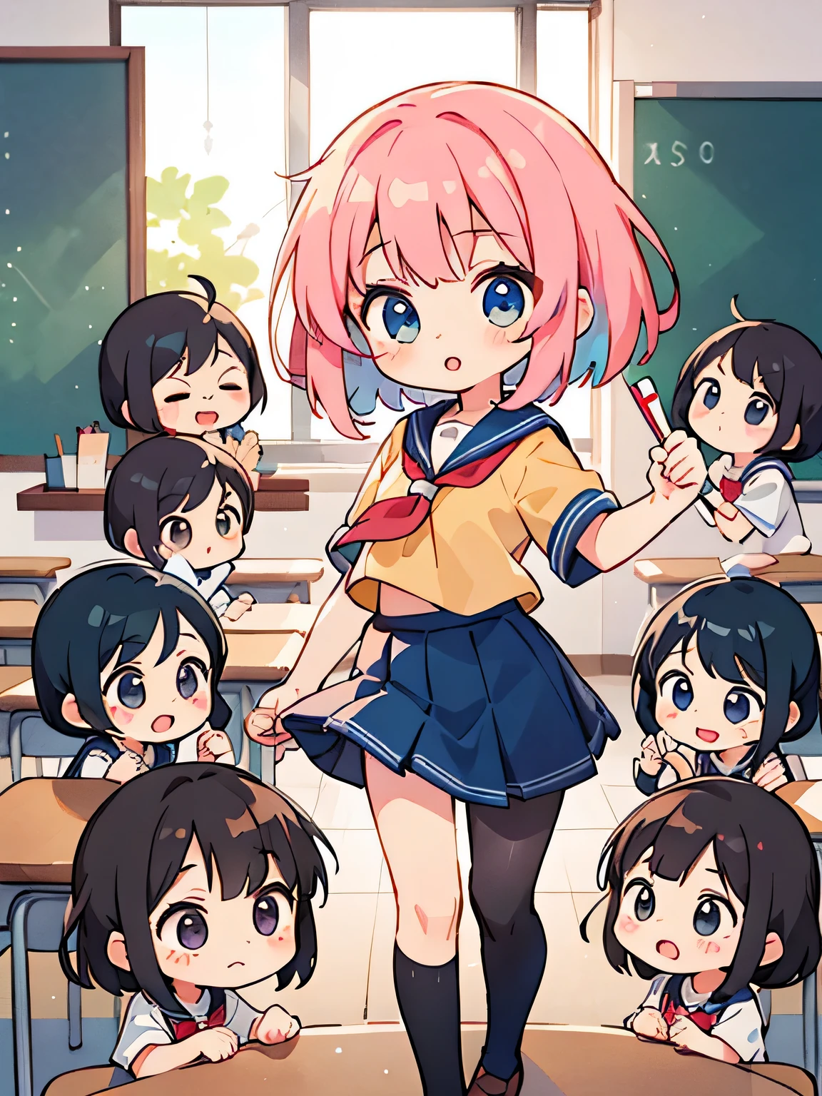 Momoko Sakura style, Kawaii Design, (((many people)))、most beautiful girl ever、Chibi, Colorful bob hair、((Lots of friends))、(((school uniform)))、classroom、((Ultra mini skirt))、I can see your pants