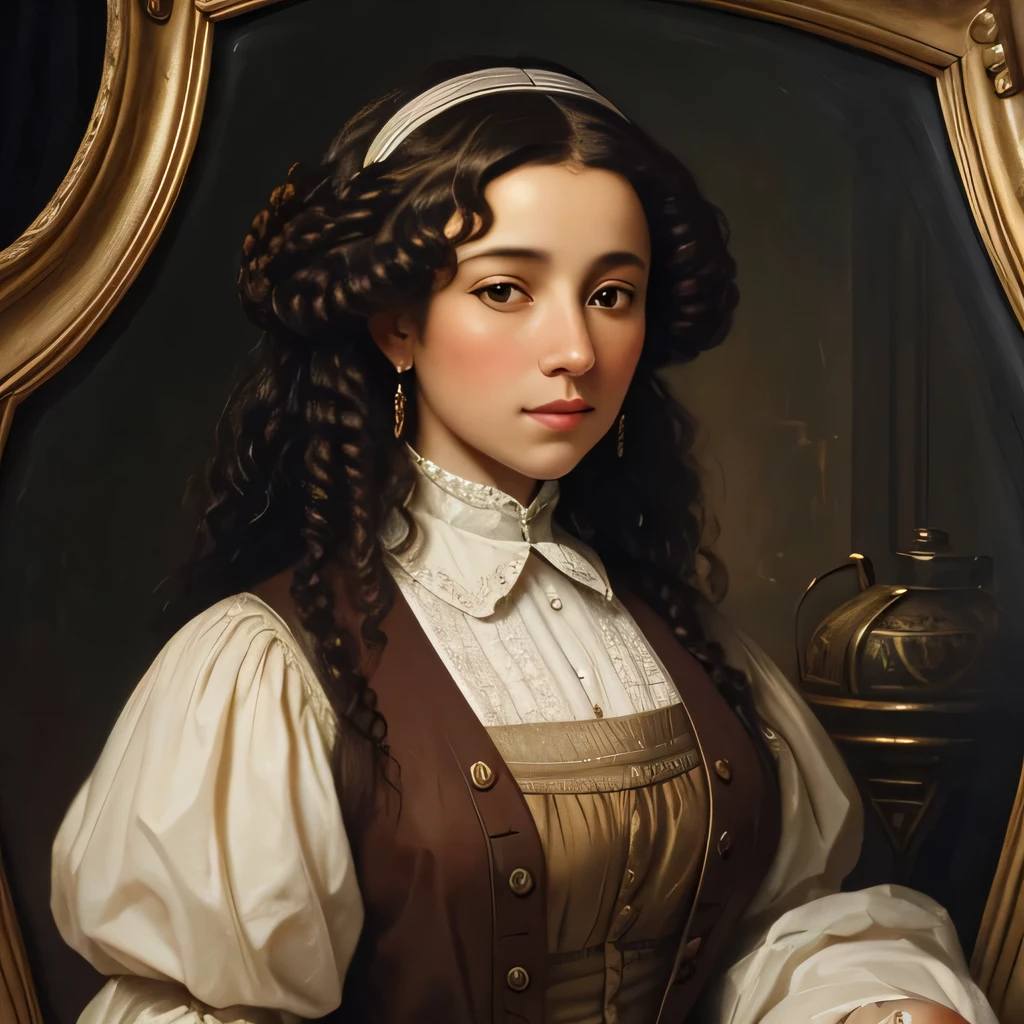 Oil painting of 19th century american woman, 16th century oil painting portrait, biracial woman, Brown skin, curly hair, oil painting filter, aristocratic clothes