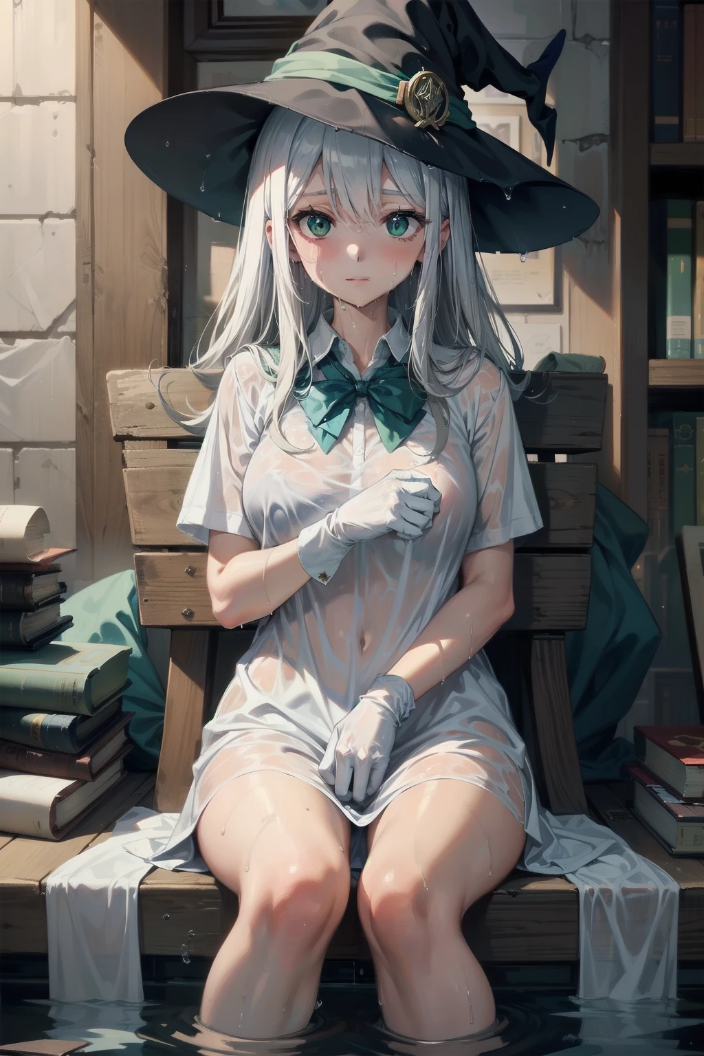 1 woman, alone,Wizard, Wizard cap,transparent white ware, ((흰색 투명 Wizard옷)),((wet clothes)) white gloves, white hair, long hair,green eyes, droopy eyes,pain, sedentary, I can see my whole body,,,chubby, vaginal exposure, ((Hogwarts School of Witchcraft and Wizardry)), clear outlines, short sleeve, best quality, masterpiece