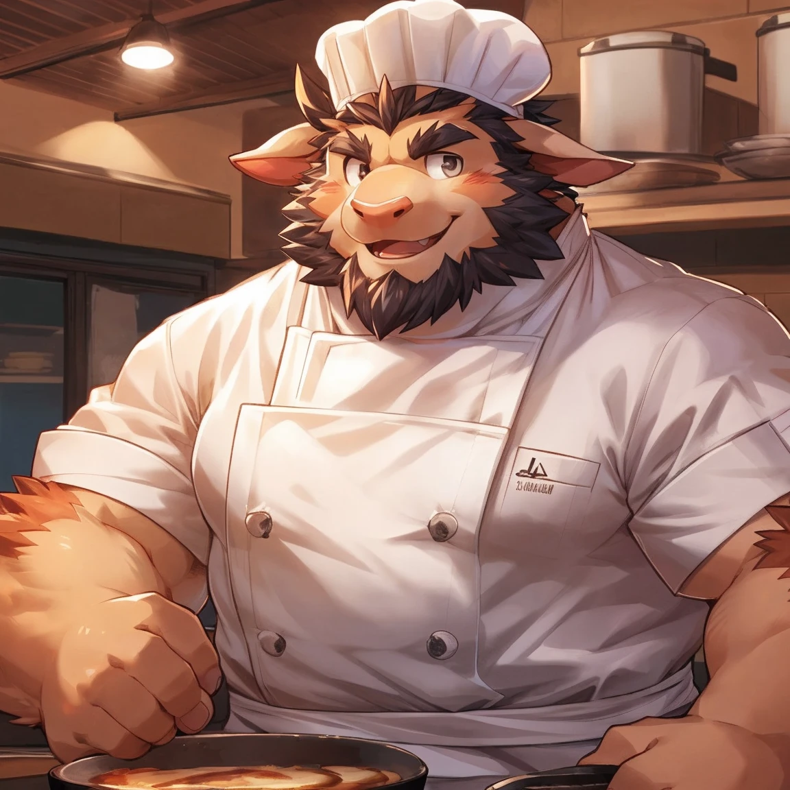 ox脸, Medium length horn,human nature, cannon, male, solitary, ((Round Face, Very plump face, thick beard)), ((endomorph body type, Handsome)), (Chef uniform:1.5), ((domestic ox, ox) Fluffy fur, Fluffy),ox头人,ox头怪, School cafeteria background, ox鼻子，high quality, (high quality, high resolution, masterpiece), (Dynamic Lighting, Vibrant colors), (Generous smile), Front view (close up), cartoon, author：Takemoto Arashi, by zixiong, author：Chunni, author：Empty Ghost