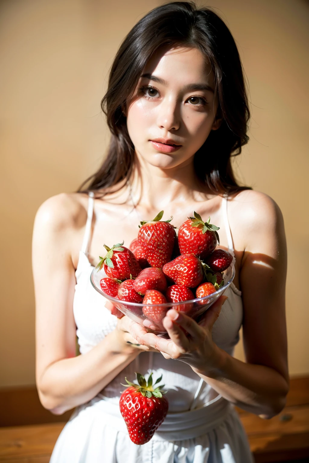 Beautiful and detailed in the dormitory、Full body portrait、Photographed from directly above the center of the front of the body、Close up her、Lying on a silver tray、Lying on your back)、(((naked、fruit,Hide the crotch with strawberries、Covering breasts with ice cream)))、Mid-chest、、8k、、masterpiece、