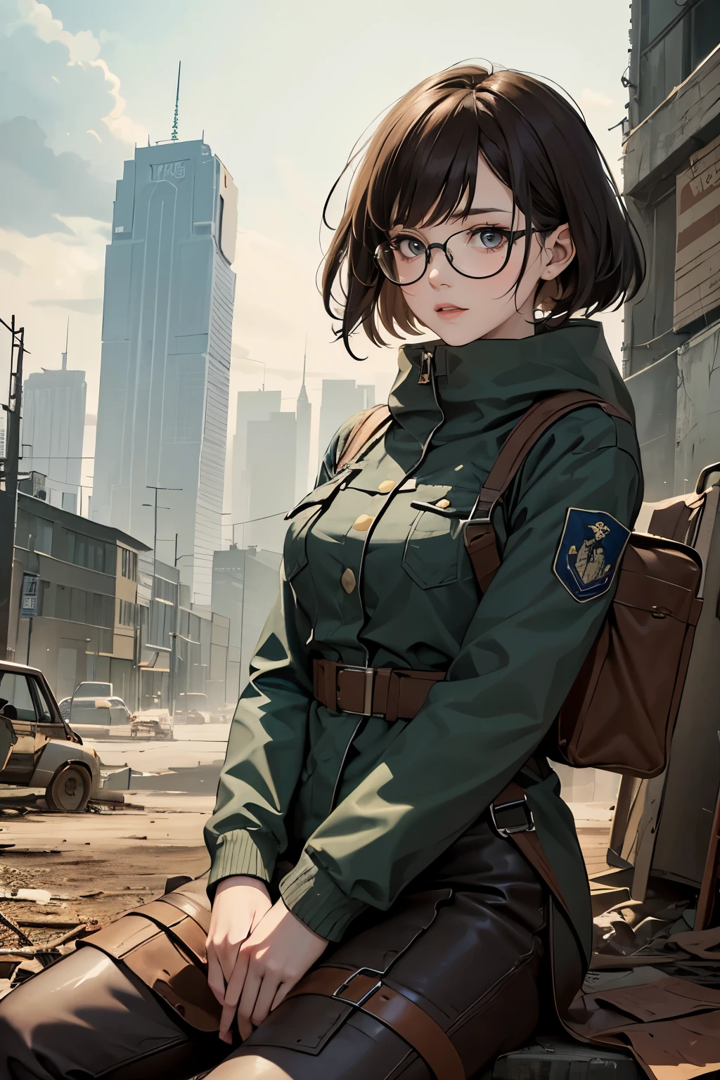 Wide angle, a pretty girl messenger, wearing large glasses, undercut hair, wearing postal uniform, in a post-apocalyptic world