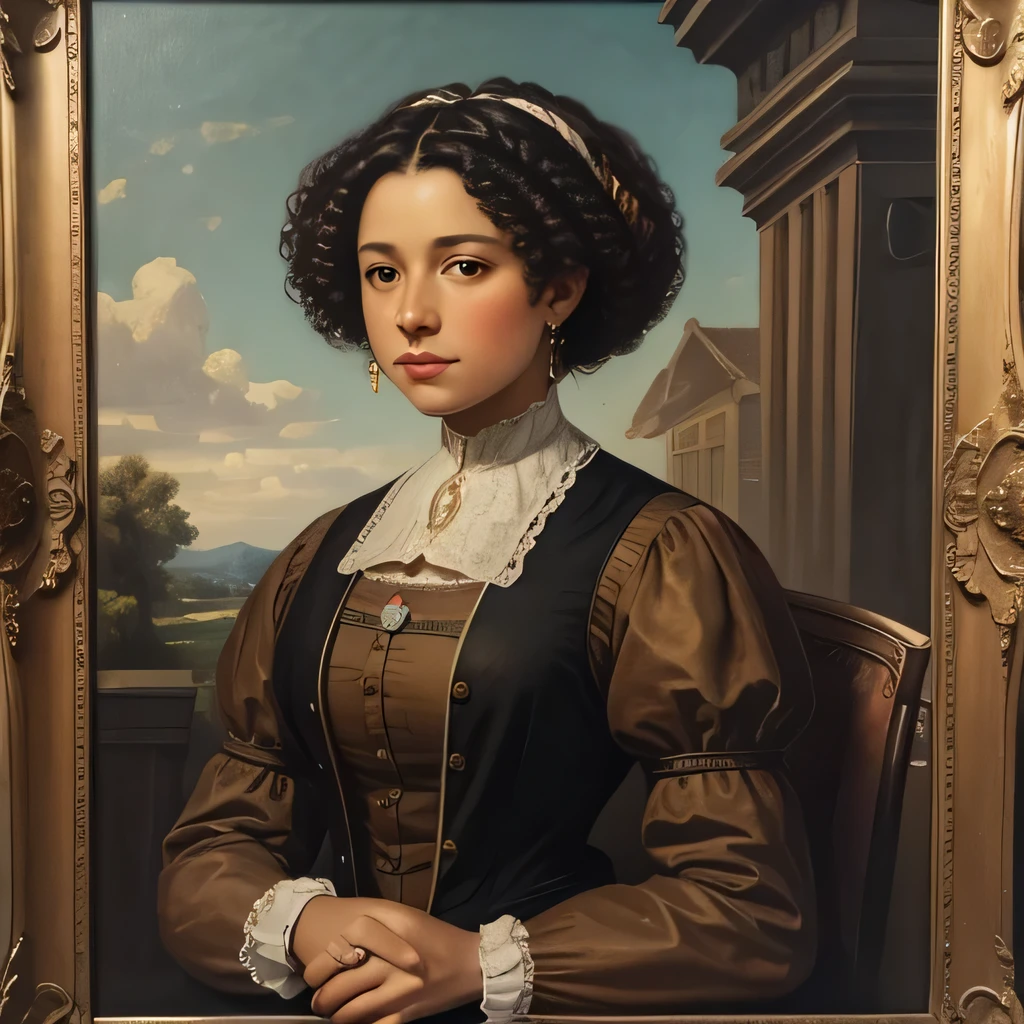 Oil painting of 19th century american woman, 16th century oil painting portrait, biracial woman, Brown skin, curly hair, oil painting filter, aristocratic clothes