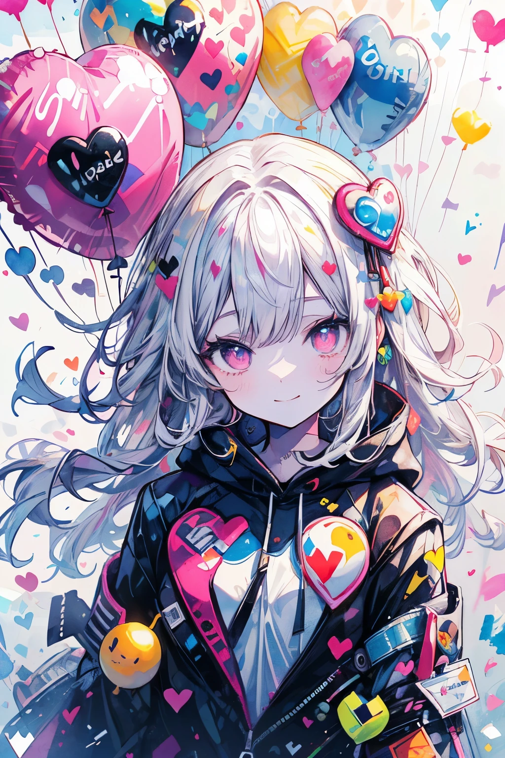 ((((masterpiece, highest quality, Super detailed, very_expensive_solve, big_file size, Full Color)))), One girl, ((The best smile)), (A smile that makes you close your eyes), Long white hair, Pink Eyes, Wearing a fluffy white hoodie, Heart-shaped pupils, (((From above))), (((Look here))), Lens flare, Bokeh, Shine, ((watercolor)), Animal ears, ((Holding a big heart balloon))