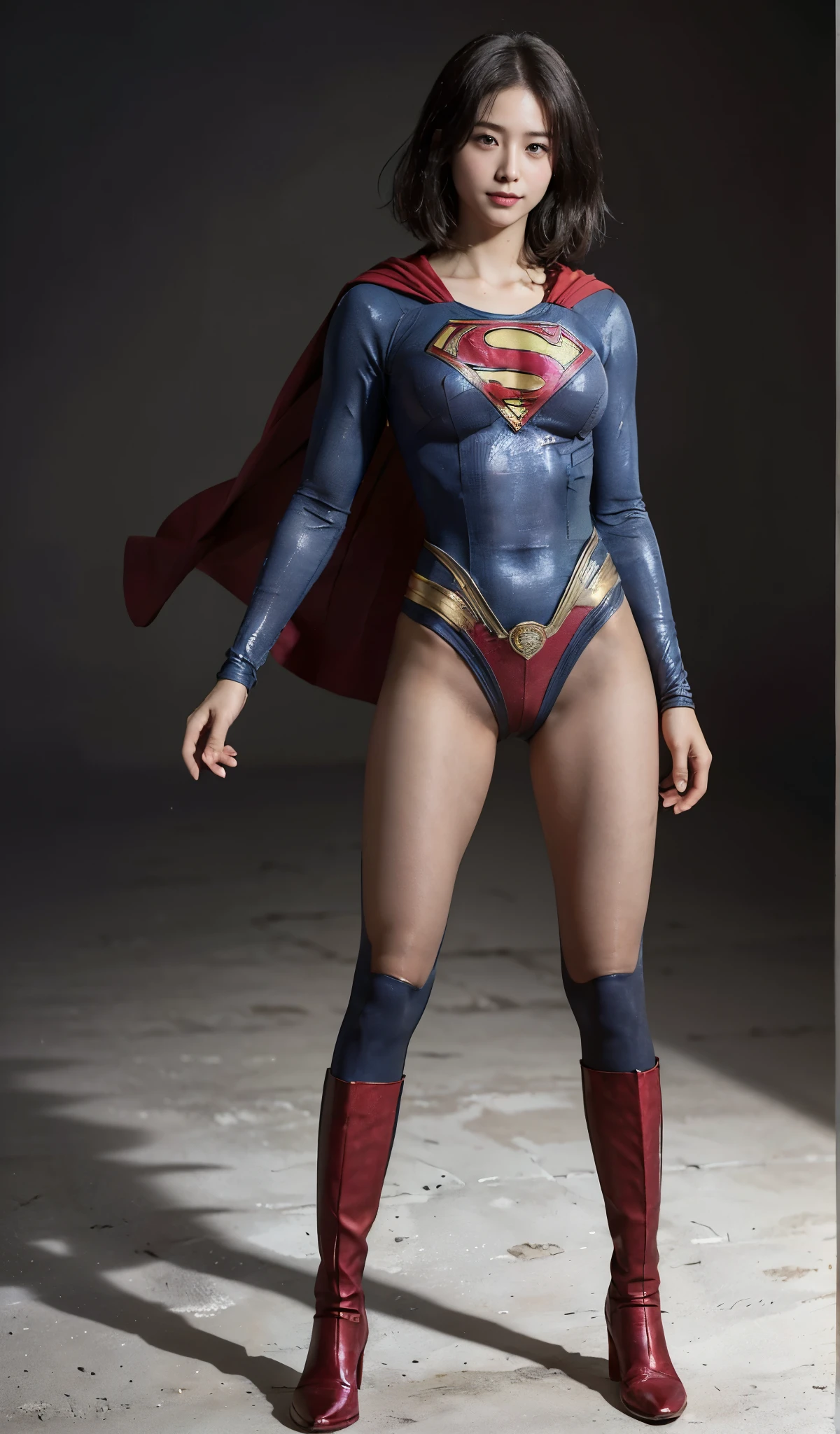 No background、(((Beautiful legs in black tights.)))、(((Legally express the beauty of your smile)))、((((Make the most of your original images)))、(((Supergirl Costume)))、(((beautiful short bob hair)))、(((suffering)))、(((Please wear black tights....、Wear red boots)))、((Best image quality、8K))、((highest quality、8K、masterpiece:1.3))、(((Preserve background )))、Sharp focus:1.2、Beautiful woman with perfect figure:1.4、Thin abdominal muscles:1.2、Wet body:1.5、Highly detailed face and skin texture、8K