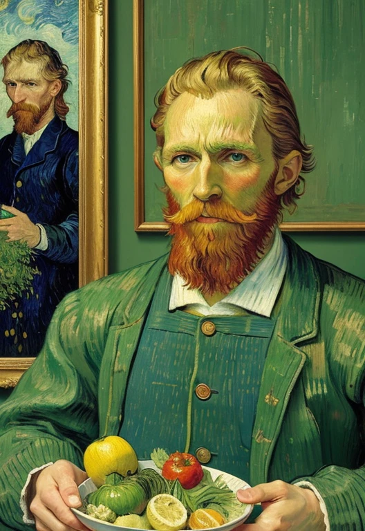 painting of a man holding a bowl of vegetables in front of a painting of a man with a beard, vincent van gogh style, van gogh style, van gogh art style, vincent van gogh!!!, style of van gogh, in style of van gogh, van gogh and m. c. escher, inspired by Vincent Pepi, style of vincent van gogh